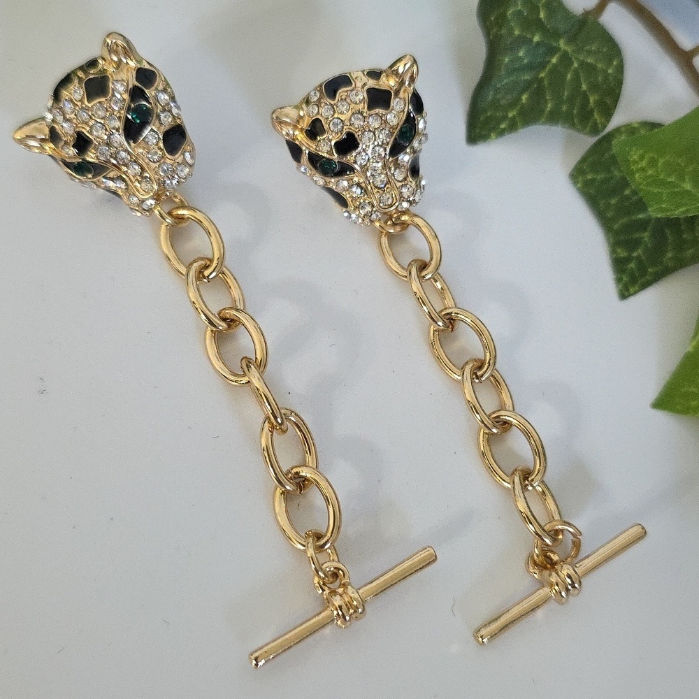 Gold Chain Link Earrings with Pave Leopard Head